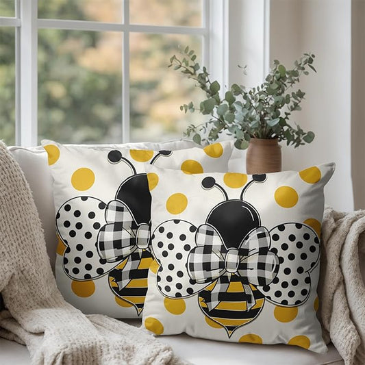 Summer Bumblebee Throw Pillow Covers 16x16 Set of 2 Polka Dot Bee Decorative Pillow Cases Yellow Honeybee Outdoor Farmhouse Cushion Cover for Home Couch Sofa Decor
