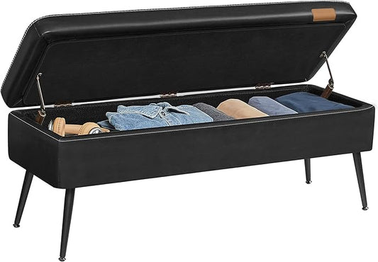 VASAGLE EKHO Collection - Storage Ottoman Bench, Entryway Bedroom Bench, 15 Gallons, Synthetic Leather with Stitching, Mid-Century Modern, Safety Hinges, Loads 660 lb, Ink Black ULOM074B01