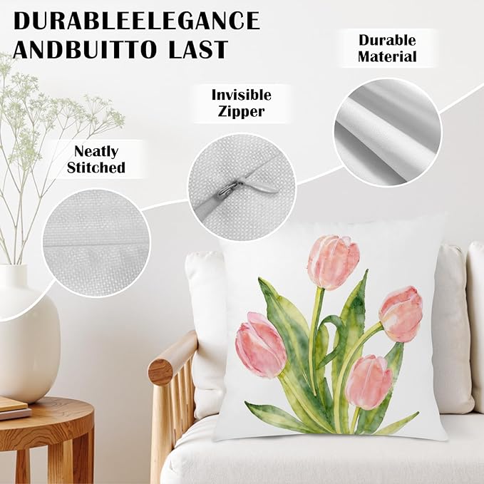 Spring Floral Pillow Covers 22x22 Set of 2 Pink Tulip Throw Pillow Covers Summer Flower Farmhouse Decorative Throw Pillows for Home Couch Sofa Bed Decor