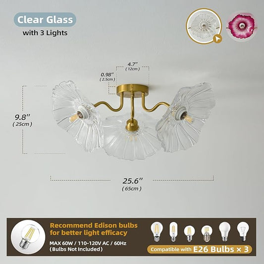 Flower Glass 3 Lights Ceiling Light - Gold Vintage Floral Semi Flush Mount Chandelier Lighting Fixtures - Mid Century Modern Art Deco Lamps for Bedroom Bathroom Hallway Foyer Hall Kitchen Living Room
