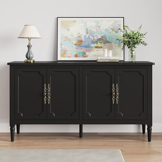 Console Table, 58'' Mid Century Modern Pantry Cabinet, Wood Buffet Sideboard, Media Credenza with 4 Doors, Accent Storage for Entryway, Living Room, Bedroom, Dining Room (Black)