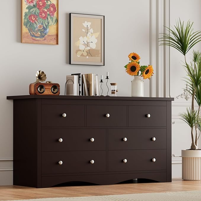 Furmax Dresser for Bedroom, 7 Wood Dresser, Chest of Drawers, for TV up to 65 inch, TV Stand Storage Chest of Drawers for Hallway Entryway (Brown)