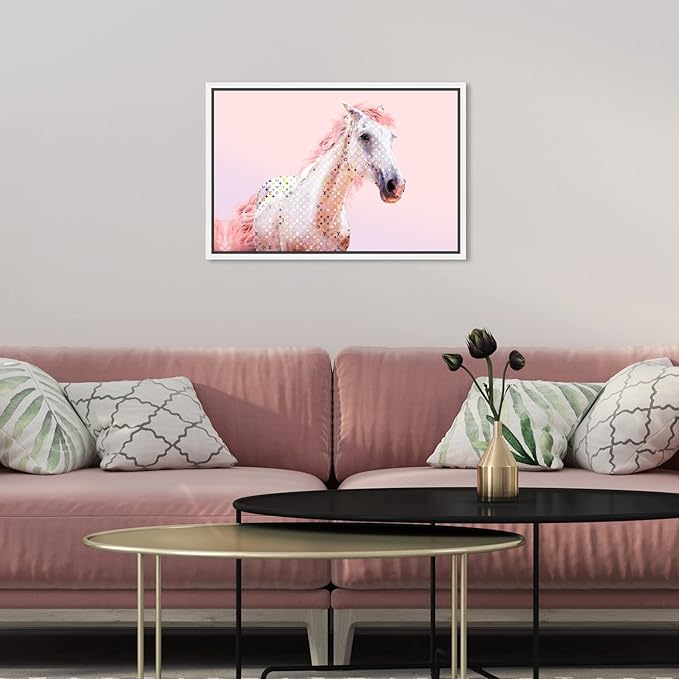 Country Farmhouse Canvas Print Painting Animal Wall Art 'Pink Glam Horse' White Framed Canvas Rustic Home Décor 15x10 in Pink, White by Oliver Gal