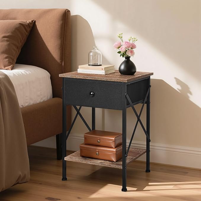 VECELO Nightstand Set of 2, X-Design End Side Table with Fabric Storage Drawer and Open Shelf, Bedside Night Stand with Steel Frame for Bedroom, Living Room,Dorm, Easy Assembly, Walnut Brown