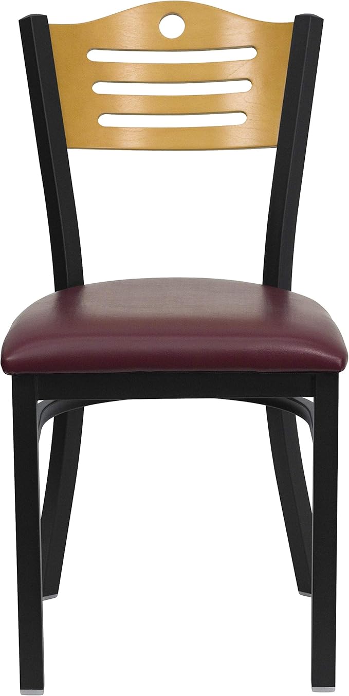 Flash Furniture 2 Pk. HERCULES Series Black Slat Back Metal Restaurant Chair - Natural Wood Back, Burgundy Vinyl Seat