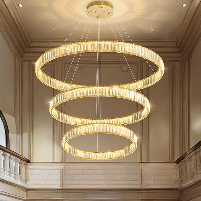 24''+32''+40'' Modern Ring Chandelier Crystal Chandeliers for Dining Room Round LED Dimmable Ceiling Light Fixture for Living Room Bedroom Lighting Gold