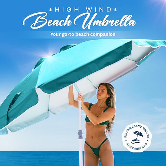 AMMSUN 7ft Heavy Duty High Wind Beach Umbrella with sand anchor, Built-in Table Tray & Tilt Pole, Air Vent, UPF 50+ Windproof Portable Outdoor Umbrellas Carry Bag for Patio Garden Pool Backyard (Teal)