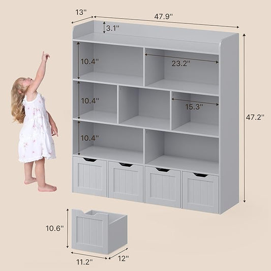 Gizoon Toy Storage Cabinet and Kids Bookcase with 4 Movable Drawers and 8 Open Shelves Toy Chest Shelf Organizer with Hidden Wheels for Playroom Nursery Kids Room, Grey