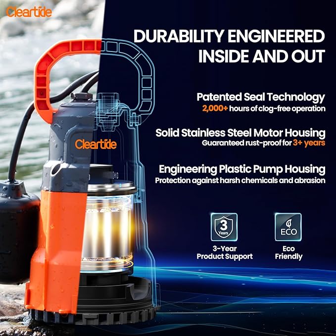 Cleartide Submersible Sump Pump with Tethered Float Switch, 1/2 HP Utility Water Pump, Electric Drain Pump Handles 3/8" Solids, 10 FT Cord