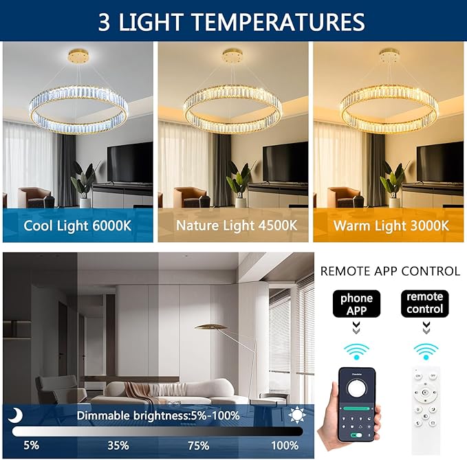 24'' Modern Ring Chandelier Crystal Chandeliers for Dining Room Round LED Dimmable Ceiling Light Fixture for Living Room Bedroom Lighting Gold