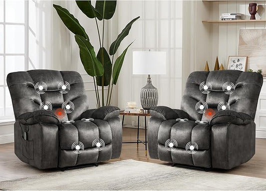 HAOMARKETS Power Recliner Chair Set of 2 with Massage and Heat, 41" Wide Electric Reclining Chairs with USB Port, Breathable Fabric Overstuffed Reclining Sofa for Living Room, Grey