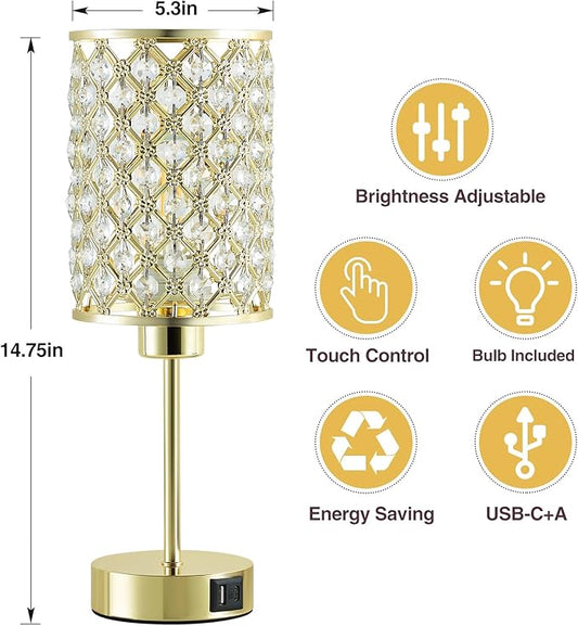 GyroVu Crystal Table Lamp, Gold Touch Lamp for Nightstand with USB C+A Ports, Dimmable Lamp with Crystal Shade, Bedside Lamp Small Lamp for Bedroom, Living Room(Buld Included)