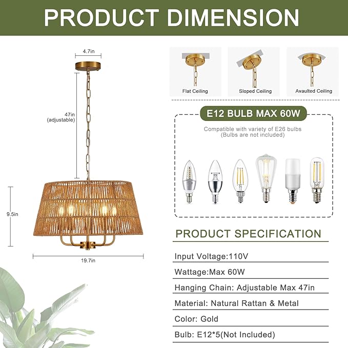19.7" Boho Rattan Chandelier Vintage Farmhouse 5-Lights Hand-Woven Bamboo Golden Chandelier Light Fixture Retro Drum Wicker Gold Chandeliers for Dining Room, Kitchen, Living Room, Bedroom