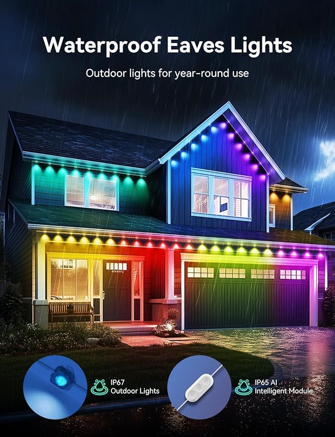 Permanent Outdoor Lights, 100ft with 72 IC+RGB LEDs, IP67 Waterproof Smart LED Eaves Lights with 48 Scene Modes for House Halloween Christmas Decor,Compatible with Alexa, Google Assistant
