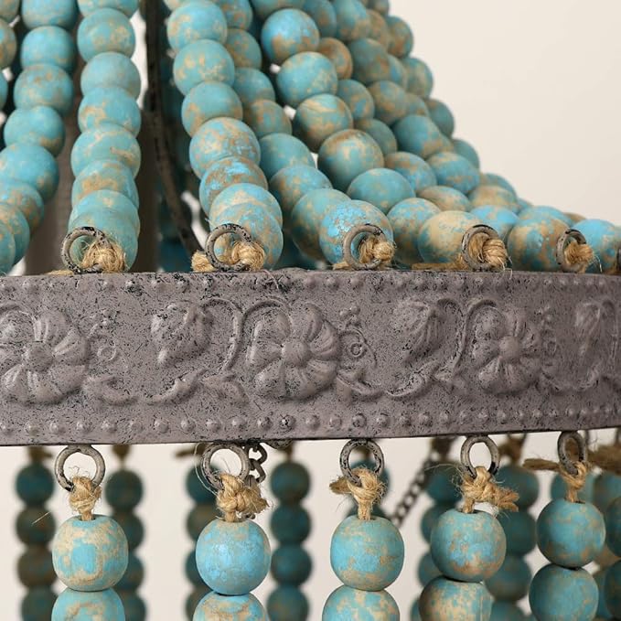 Newrays Wood Bead Chandelier Pendant Bohemian Boho Beachy Ceiling Lamp Light Fixtures (Gray Blue-Small Plug in, 13.58 in*15.74 in)