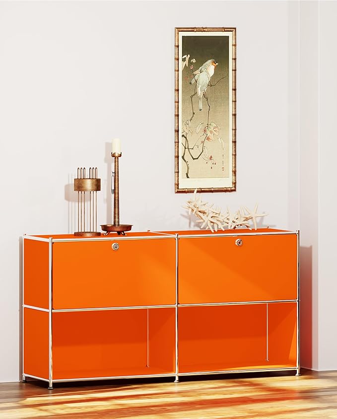 Metal Sideboard with 2 Flap Doors, DIY Modern Home Furnishing,Perfect for Home, Office, Kitchen, Hallway,Foyer Organization(Matt Orange)