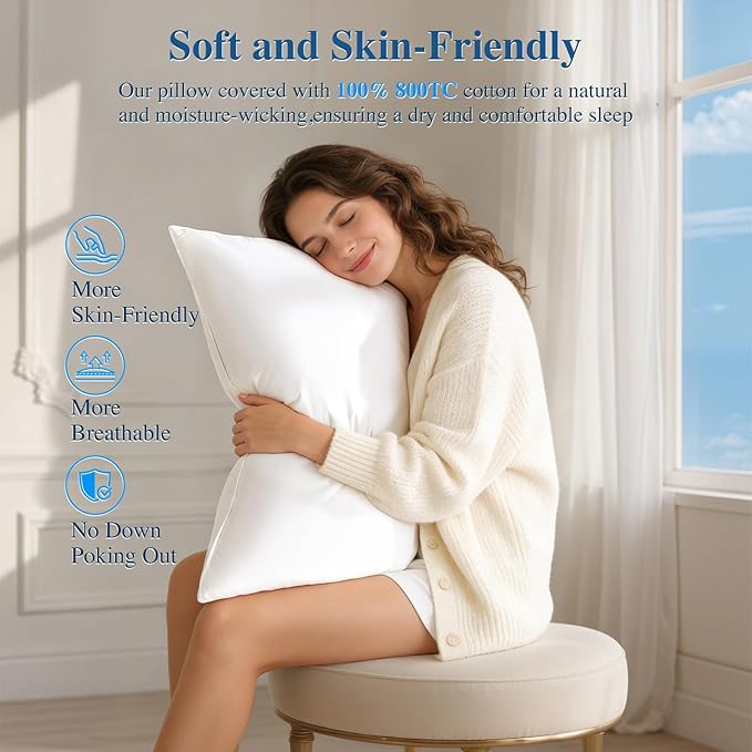 RDS Certified Goose Down and Feather Pillow Queen Size, 100% Cotton Shell, 3-Chamber 5 Stars Hotel Pillow for Sleeping, Bed Pillows for Neck Pain Relief, Perfect for Side, Back Sleepers - 20"x30"