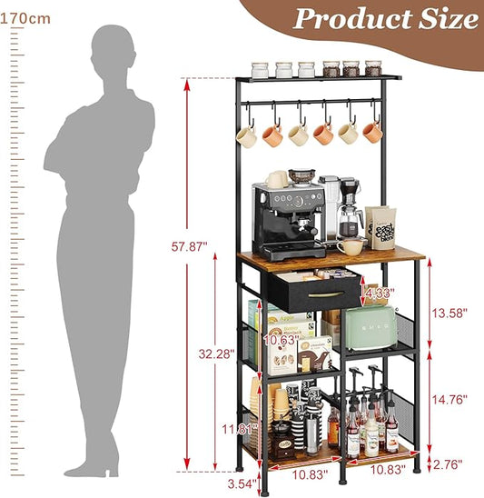 X-cosrack Coffee Bar Stand Station with Storage Drawer, Extended Worktop Coffee Table, Farmhouse Corner Bar Cabinet for Small Spaces, Barkers Rack & Home Bar for Entryway, Living Room