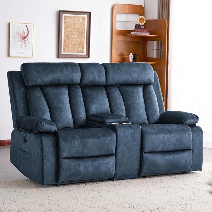 Power Loveseat Recliner Sofa with Heat and Massage, Double Recliner Loveseat with Console, RV Recliners-Wall Hugger Reclining Couch with USB & Type C for Living Room, RV,Home Theater | Heat and Massage, Cup Holder