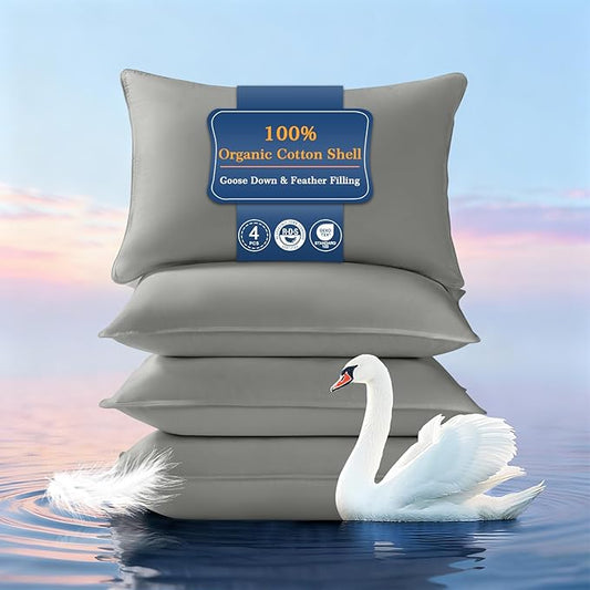 Goose Down Pillows Queen Size Set of 4, Hotel Quality Bed Pillow for Sleeping 4 Pack, 900 Fill Power Natural White Goose Feather Pillows with 700 TC 100% Organic Cotton Shell, 18"x30" Dark Grey