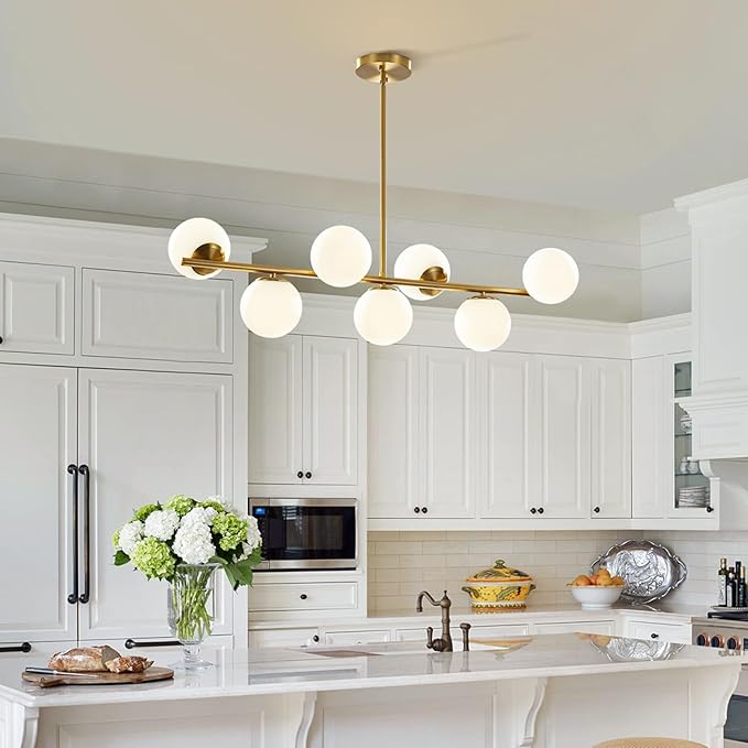 KCO Lighting Modern Brass Linear Chandelier Pendant Light 7-Lights Gold and White Glass Pendant Lighting Mid Century Globe Dining Light Fixture for Living Room Kitchen