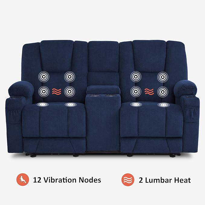 MCombo Zero Gravity Power Loveseat Sofa with Console, Heat and Massage, Reclining Loveseat for Living Room, Fabric 6035SET (Navy Blue, Loveseat with Console)
