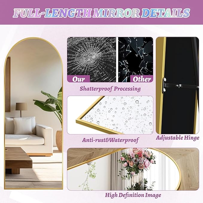 Floor Mirror, 41"×81" Full Length Mirror with Stand for Bedroom Living Room, Gold