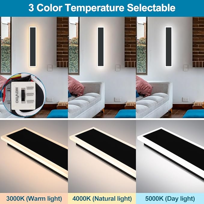 24inch Modern Outdoor Wall Light Porch Light LED Long Wall Light Fixture IP65 Waterproof Wall Lamps, Dimmable 24W 2200LM Black Wall Sconce, 3000/4000/5000K Selectable, ETL