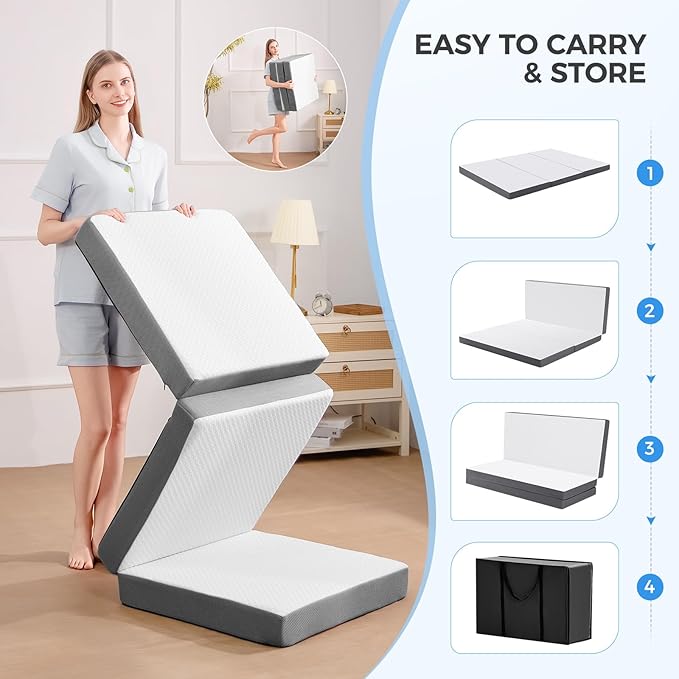 MASVIS Trifold Mattress, 4 Inch Memory Foam Foldable Mattress with Washable Cover, Tri-Folding Floor Bed for Camping, Single