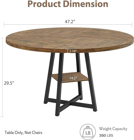 Garvee 47.2 in Round Dining Table for 4-6 People, Industrial Round Kitchen Table with Sturdy Metal Pedestal Base & Storage Shelf, Circle 4 Dinner Table for Dinner, Kitchen, Dining Room