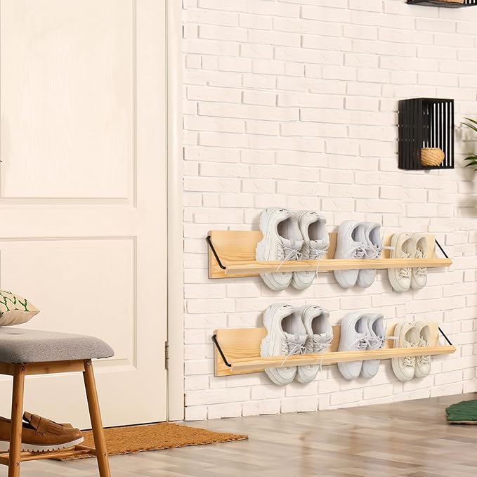 Mifoci 2 Pcs Wall Mounted Shoe Rack Organizer Wooden Modern Compact Wall Space Saving Shoe Holder Storage for Sneaker Footwear Slipper Boots Entryway Narrow Spaces Hallway(39.37'' Long)