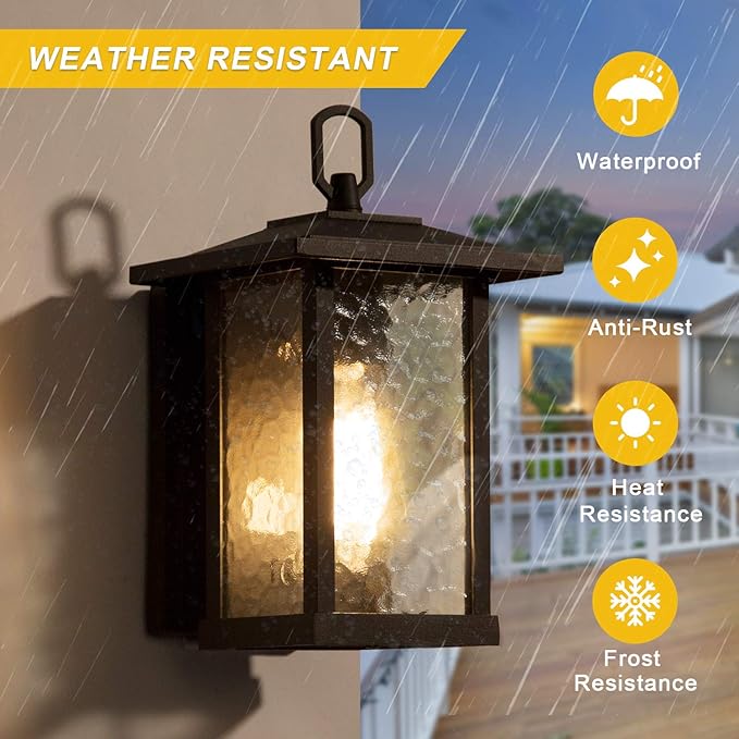 LALUZ Rectangle Outdoor Light Fixtures Wall Mount, Weather-Proof Porch Lights Outdoor with Water Ripple Glass, Anti-Rust Outdoor Wall Lantern for Patio, Yards, Garden, Front Door, Matte Black Finish