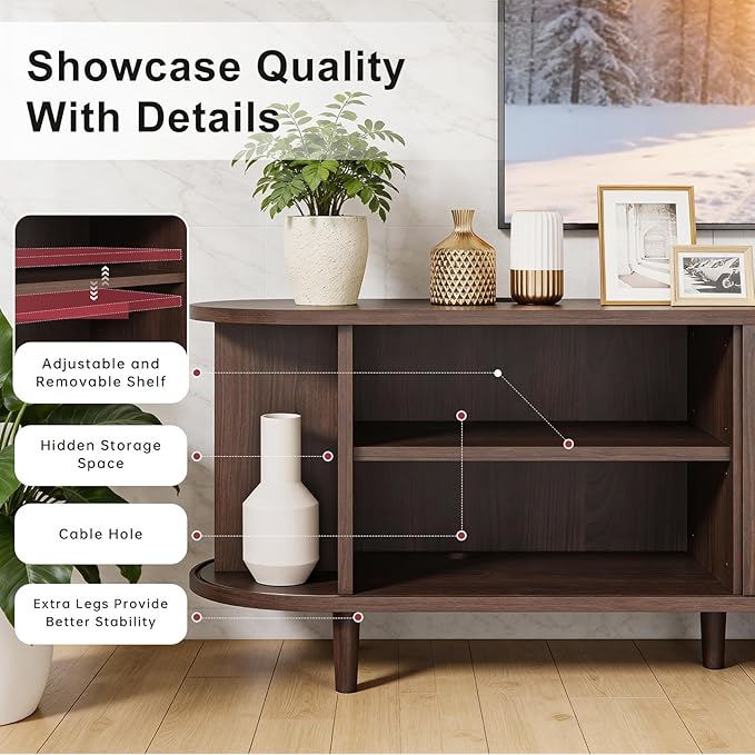 58" Mid Century Modern TV Stand, Wood TV Consoles with Sliding Doors and Power Outlet, Entertainment Center with Adjustable Shelves, Fluted TV Stands for Living Room, Walnut