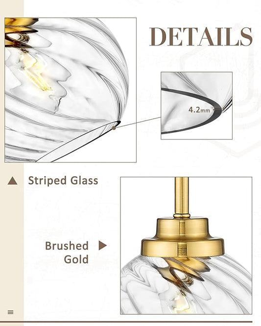 8 Inch Modern Farmhouse Pendant for Kitchen Island, Adjustable Height Hanging Fixture with Ribbed Glass, Gold Finish, Dining Room Entryway - PL101SBG-L