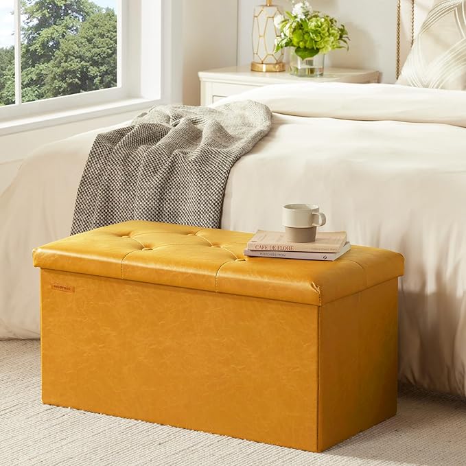 HAUSFRAU - Storage Ottoman Bench, 30 Inches Button Tufted Upholstered Ottoman Footstool with Storage for Living Room Bedroom Entryway, Load 660 lb, Synthetic Leather, Gold Brown