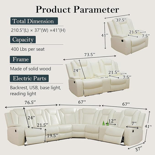 Power Recliner Sectional Sofa Set, Creamy Leather Sectional Couch, Loveseat and Chair for Living Room, L Shape Reclining Sofa with Cup Holder, Hidden Storage, Coffee Table for House(9 Seat)