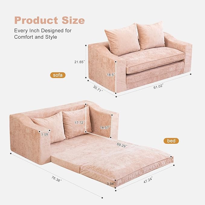 61" Convertible Sofa Bed Loveseat, Memory Foam Boneless Floor Couch with Removable Plush Velvet Cover, Tri-folding Compact Full-size Sleeper for Small Living Room, Playroom, Guest Room, RV (Pink) | Convertible Sofa Bed, Premium Memory Foam, Ergonomic D...