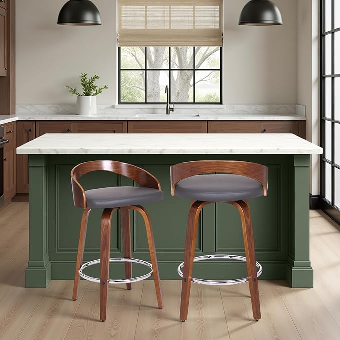Armen Living Sonia 26" Counter Height Swivel Gray Faux Leather and Walnut Wood Bar Stool - Set of 2