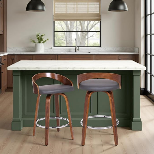 Armen Living Sonia 26" Counter Height Swivel Gray Faux Leather and Walnut Wood Bar Stool - Set of 2