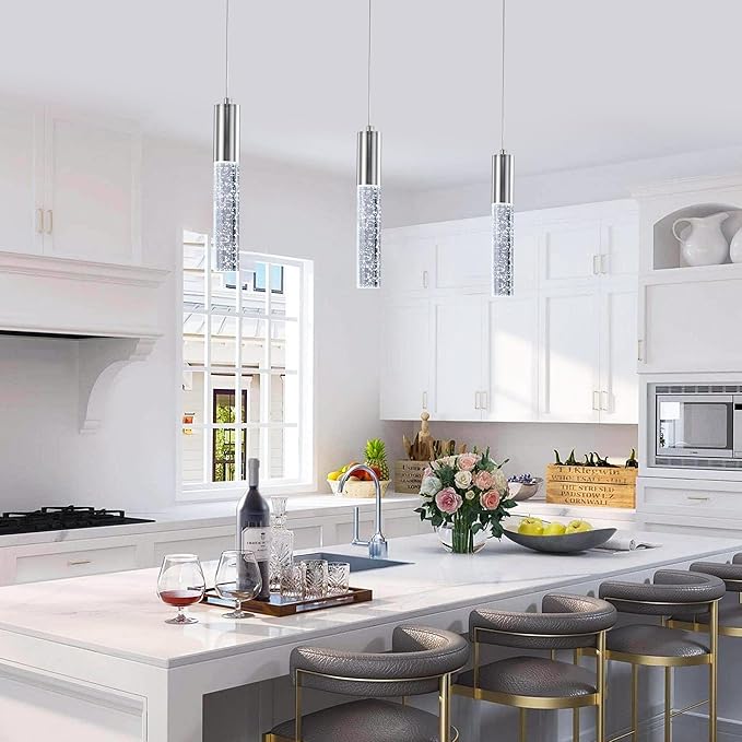 3-Pack Modern Crystal Pendant Light for Kitchen Island, Elegant Chrome LED Bubble Hanging Chandelier Lighting Fixture for Dining Room Bedside