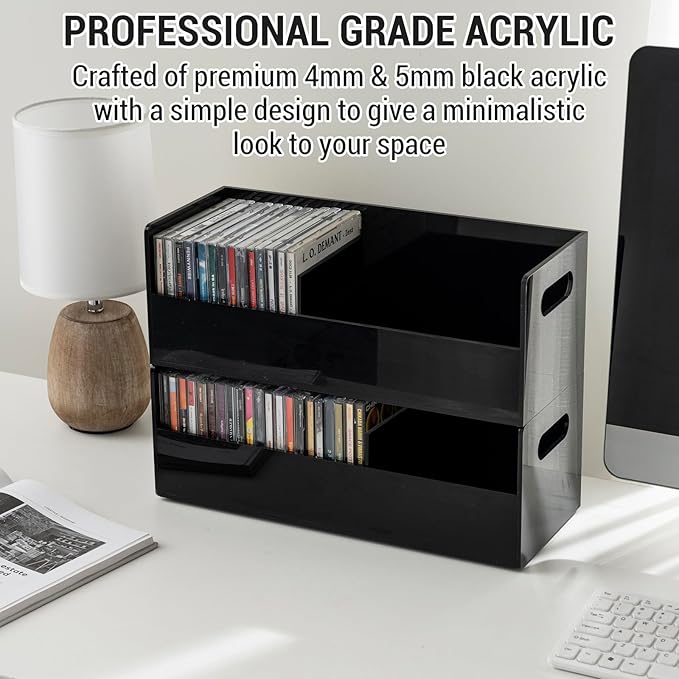 MyGift Modern Premium Black Acrylic Stackable CD Holder Racks with Cutout Carrying Handles, Compact Disc Jewel Case Display Crates, Media Storage Organizers, Set of 2