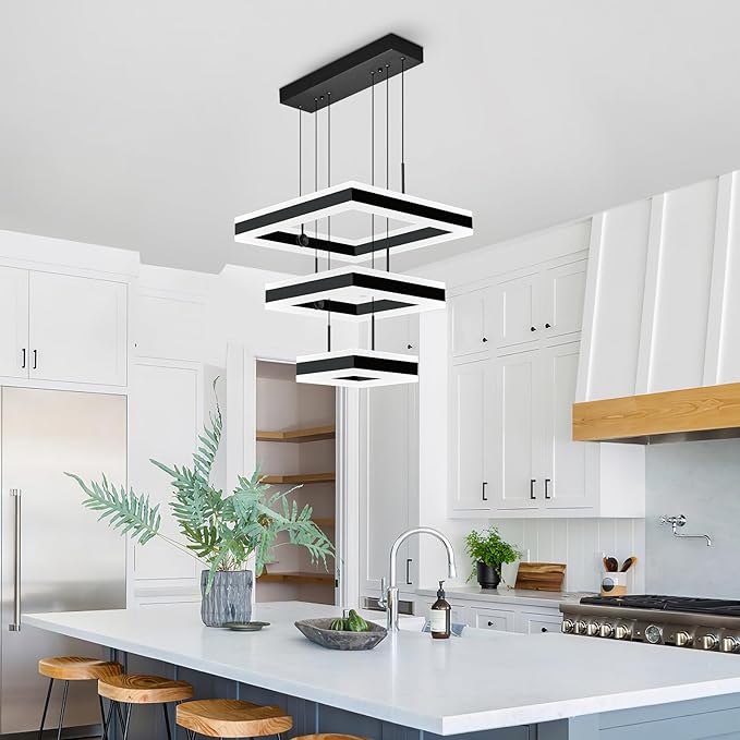 Modern Black Chandelier Foyer Ceiling Chandeliers 90W Dimmable LED Pendant Light Dining Room Light Fixture 3 Rings Square Chandelier for Kitchen Island Living Room Bedroom Hallway