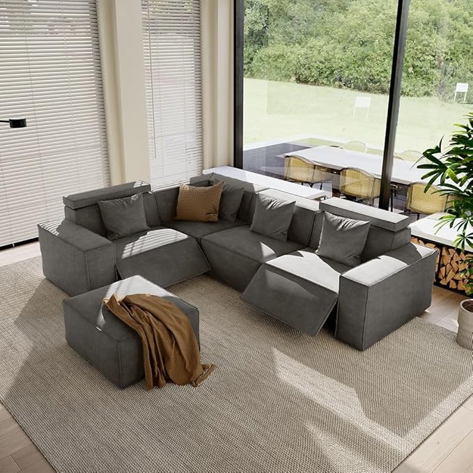 105" Power Sofa L-shaped Couch,Modular Sectional Couches for Living Room,Modern Large Sofa with Recliners,Comfy Velvet Cloud Couch with Deep Seat with 1 Ottoman,Pet Friendly for Home Office(Dark Grey)