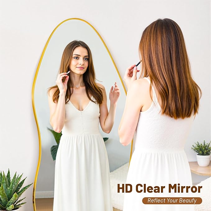 Antok Full Length Mirror, 68"x26" Floor Mirror with Stand, Standing Hanging Leaning Irregular Mirrors for Bedroom Living Room Entryway, Wavy Shaped, Golden