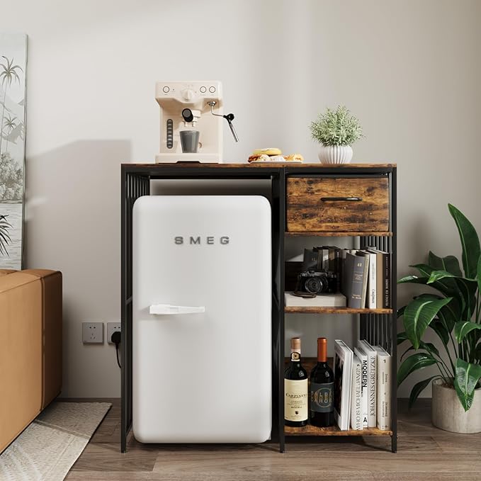 VOWNER Mini Fridge Cabinet with Power Outlet, 3-Tier Industrial Style Kitchen Microwave Stand Baker Rack with Drawer, Utility Storage Shelf for Home Kitchen Dorm Office, Vintage Wood, 35" Lx22 Wx37 H