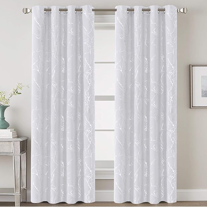 H.VERSAILTEX White Curtains for Bedroom Foil Print Twig Tree Branch Thermal Insulated Grommet Curtain Drapes Light Blocking Thick Soft Window Curtains for Living 52 x 84 Inch, 2 Panels, Pure White
