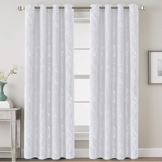 H.VERSAILTEX White Curtains for Bedroom Foil Print Twig Tree Branch Thermal Insulated Grommet Curtain Drapes Light Blocking Thick Soft Window Curtains for Living 52 x 84 Inch, 2 Panels, Pure White