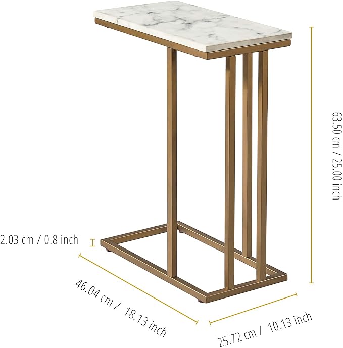 Versanora Marmo Faux Marble Top Contemporary C Shape Accent Side End Table for Living Room Lobby Foyer Dining Room Bedroom Study Room Home Office, 25 inch Height, Brass
