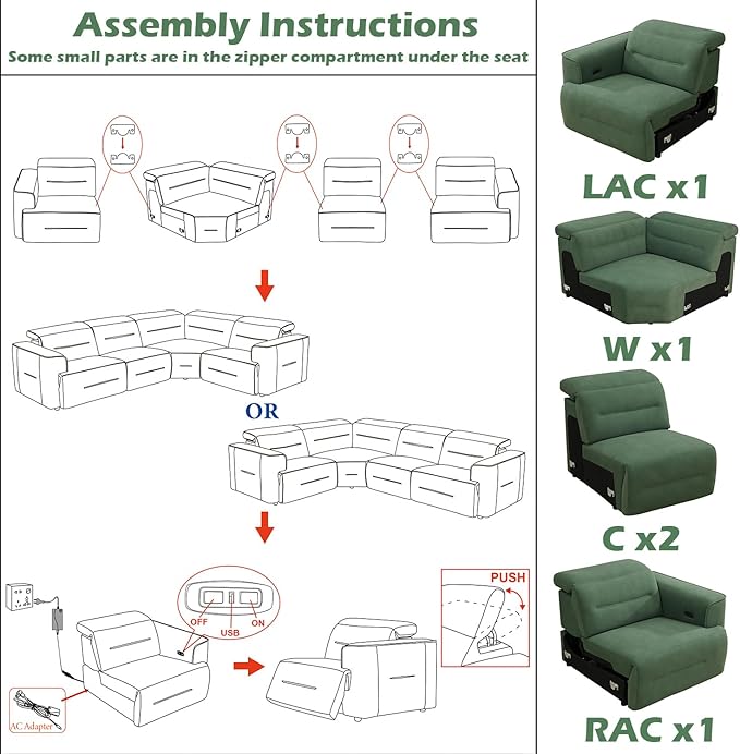 Power Reclining Sectional Sofa Set with USB Ports & Adjustable Headrest, 5-Seater L-Shaped Flannel Recliner Sectional Couch for Living Room,Green