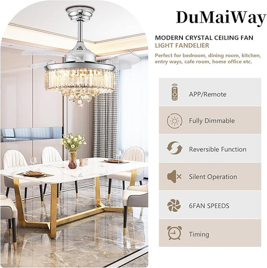 DuMaiWay 48" Dimmable Fandelier Crystal Ceiling Fan with Lights and Remote Modern Invisible Retractable Blades Chandelier Ceiling Fan Light Kit for Bedroom Living Room -Polished Chrome